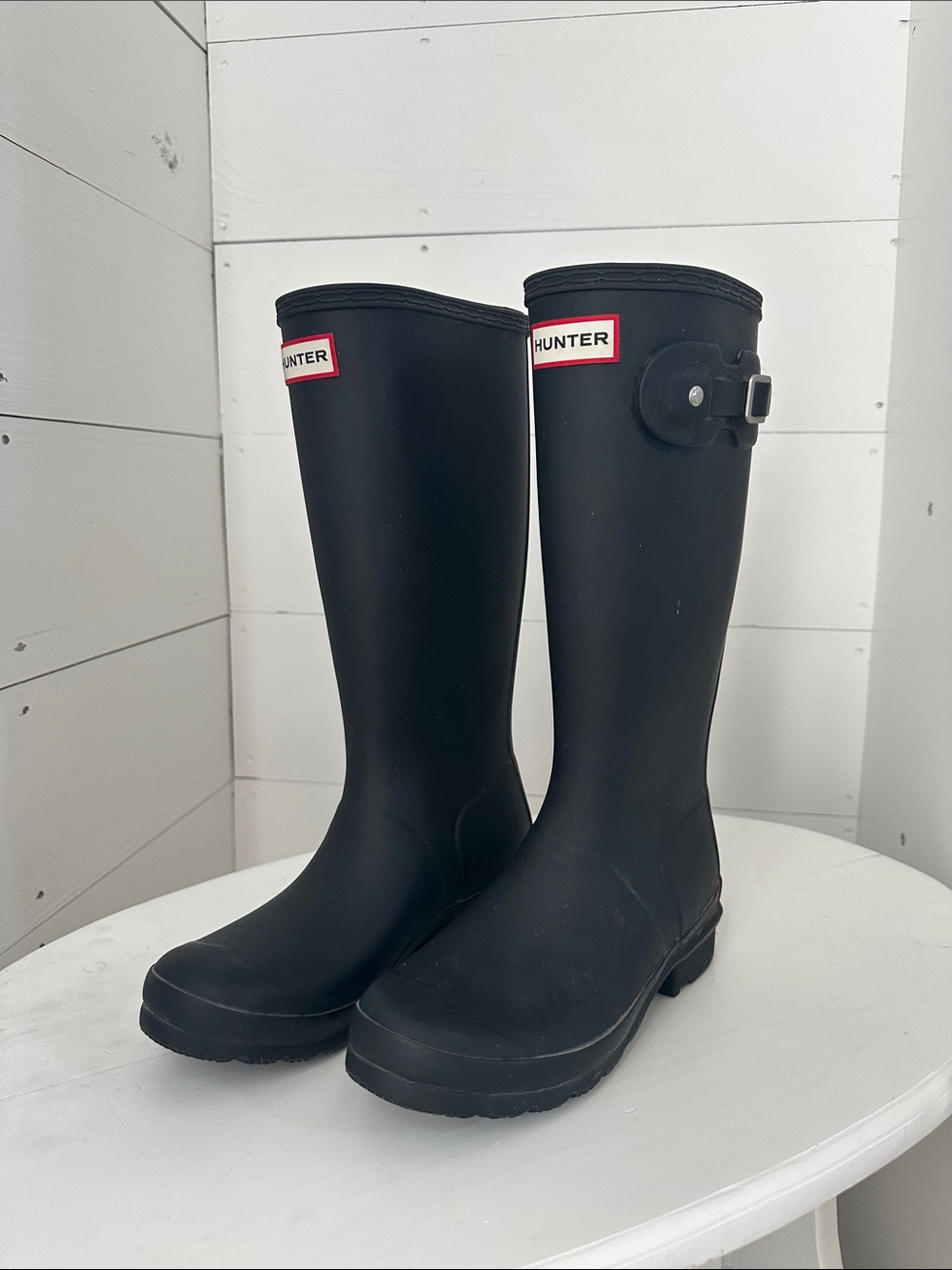Hunter Matte Black Tall Rain Boots with Side Buckle Kids 4B/5G